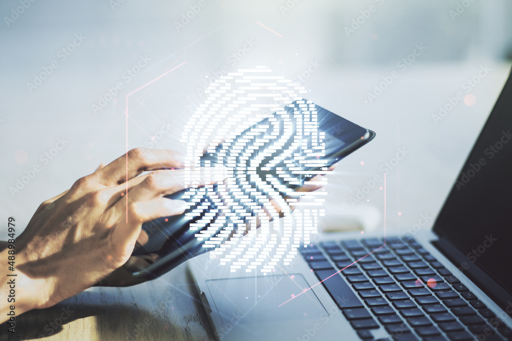 Aufkleber multi exposure of abstract fingerprint scan interface and hand working with a digital tablet on back