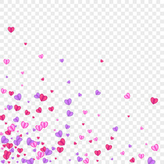 Violet Confetti Background Transparent Vector. Fall Texture Heart. Pink Falling Backdrop. Tender Confetti Amour Pattern. Red Elegant Frame.