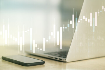 Multi exposure of abstract financial diagram on computer background, banking and accounting concept