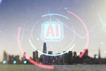 Double exposure of creative artificial Intelligence abbreviation hologram on San Francisco office buildings background. Future technology and AI concept