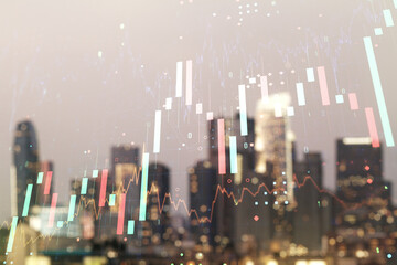 Multi exposure of abstract virtual financial graph hologram on blurry skyline background, forex and investment concept