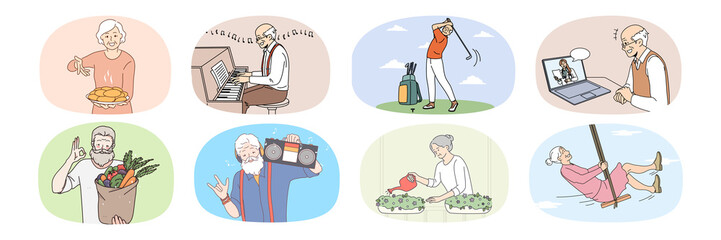 Set of active happy old people have fun relax enjoy maturity years. Collection of smiling energetic senior men and women rest on retirement. Elderly hobby and relaxation. Vector illustration.  - obrazy, fototapety, plakaty