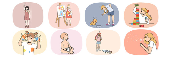 Collection of girls children enjoy free leisure time drawing or playing with dog. Set of happy kid have fun painting or construct with building blocks. Hobby and game activity. Vector illustration. 