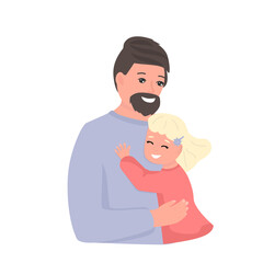 Happy Dad and cute little daughter hugging each other. Happy Fathers Day concept. Festive card.