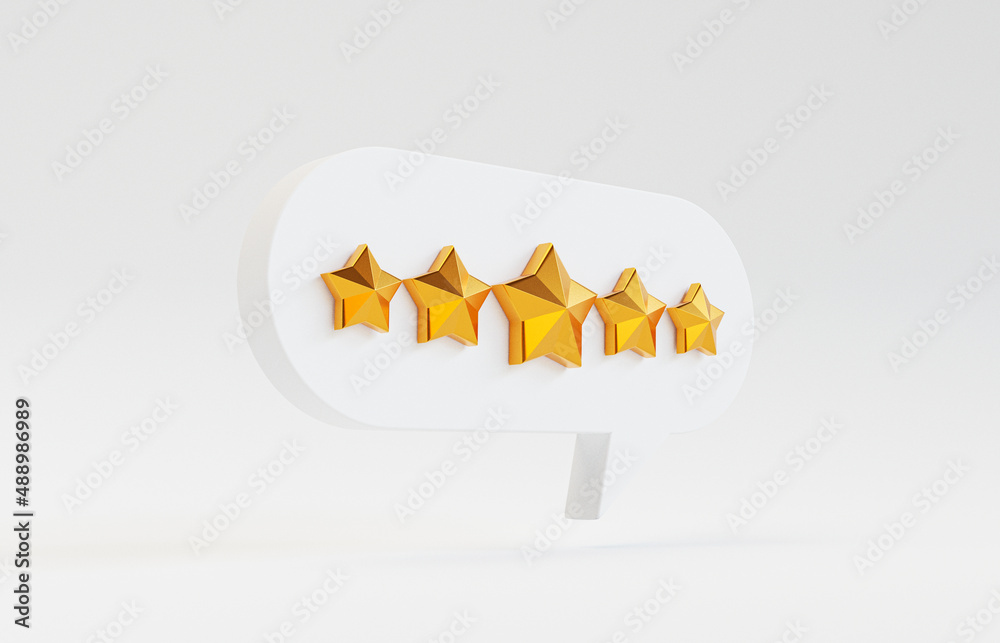 Poster five golden stars inside white message box for client excellent evaluation by 3d render.