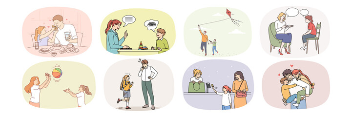 Collection of happy loving parent relax enjoy time with small child. Set of caring mother or father play rest with little teen children. Good parenthood and family relation. Vector illustration. 