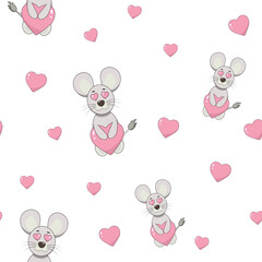 Obraz na płótnie Canvas Seamless pattern of a mouse in love with a pink heart vector illustration. Festive packaging, Valentine's Day, wallpapers and textiles for children