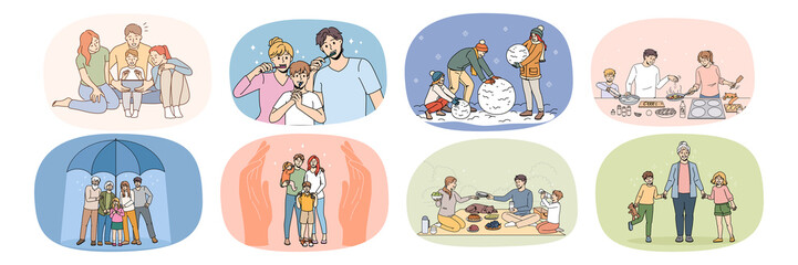 Set of happy young family with children everyday routine activity. Smiling parents with kids daily habits, brush teeth, cooking and playing together. Relative bonding and unity. Vector illustration. 