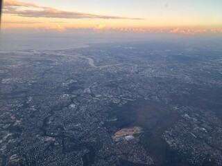 The photos from the airplane in Brisbane Australia during the golden hour