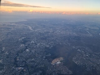 The photos from the airplane in Brisbane Australia during the golden hour