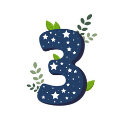 Cartoon color kids number three for boy with stars. Flat blue number with decorative leaves. Design for birthday, card, party, event, invitation 
