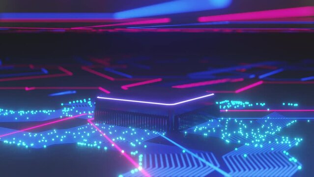 3d neon microchip city grid animation