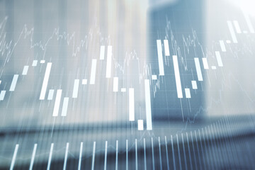 Multi exposure of abstract virtual financial graph hologram on blurry modern office building background, forex and investment concept