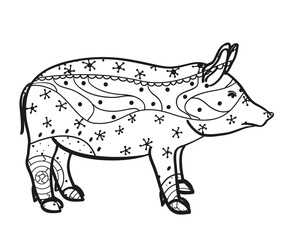 Pig on white. Zen art. Zentangle. Hand drawn animal with intricate patterns on isolated background. Design for spiritual relaxation for adults. Black and white illustration for coloring