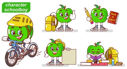 Schoolboy character set on white background. Cartoon character of green apple as a schoolboy. Set of emotional character of a schoolboy in different poses. 