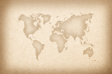 Fototapeta na wymiar World map on an old paper texture background with space for text.