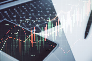 Multi exposure of abstract creative financial chart on computer background, research and analytics concept