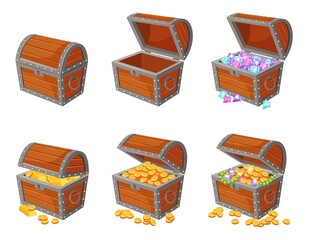 Cartoon treasure piles with coins, jewels, gems and gold bars. Pirate treasures, pile of gold, precious stones, wooden chest, crown vector set. Illustration of treasure money, gold wealth