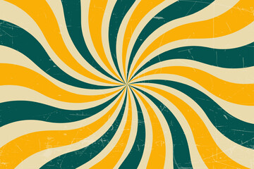 Grunge retro spiral background. Abstract twisted vintage background with color rays. Green and yellow stripes background.
