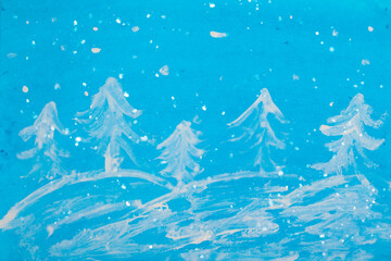 Children's Christmas drawing. Application of children's creativity. Kindergarten and craft school. The child painted a winter Christmas tree.