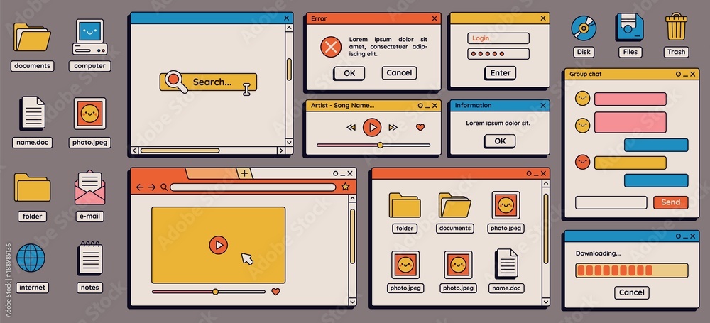 Fototapete 90s retro vaporwave old desktop user interface elements. cute nostalgic computer ui, vintage aesthet