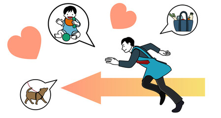 スーツの上にエプロンを着けて全力で走る男性（家事と仕事の両立イメージに）