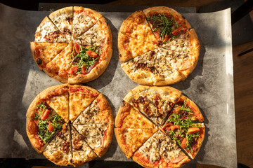 Various types of  delicious pizza, top view