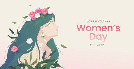 Fototapeta na wymiar 8 march background. International happy women's day. Portrait art of woman with rose flowers and leaves in nature. Vector illustration