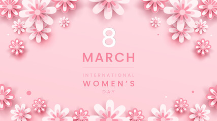 8 march background. International women's day floral decorations in paper art style with frame of flowers Greeting card on pastel pink tone. Vector illustration