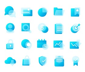 Finance and business glassmorphism style icons with blur effect. Digital marketing strategy transparent frosted glass icon vector set. Illustration of icon business strategy