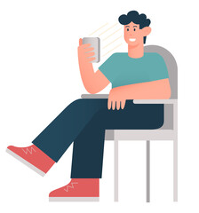 Concept of web and social media phone addiction, new world of commutication. Dark hair young man enjoying time with her phone relaxing in her chair. Vector flat illustration isolated white background