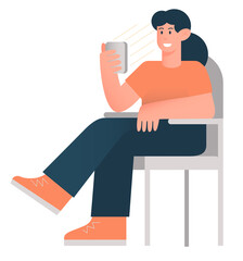 Concept of web social media phone addiction, new world of commutication. Dark hair young woman enjoying time with her phone relaxing in her chair. Vector flat illustration isolated white background