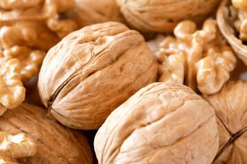 walnuts in shell and peeled close-up