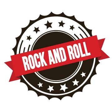 ROCK AND ROLL text on red brown ribbon stamp.