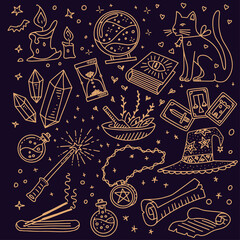 Magic doodle set. Liniar illustration gold black background. Vector illustration. Cat, magic orb, spell book, magic wand, amulet, balm, healing crystals, scroll, sand watch, magic hat, potion, tarot