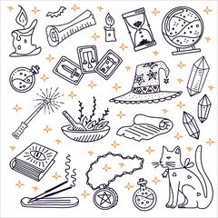 Magic doodle set. Liniar illustration gold white background. Vector illustration. Cat, magic orb, spell book, magic wand, amulet, balm, healing crystals, scroll, sand watch, magic hat, potion, tarot