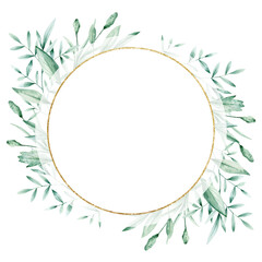 Fototapeta premium Watercolor illustration card green branches and circle gold frame. Isolated on white background. Hand drawn clipart. Perfect for card, postcard, tags, invitation, printing, wrapping.