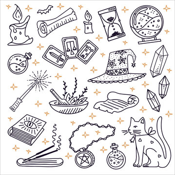 Magic doodle set. Liniar illustration gold white background. Vector illustration. Cat, magic orb, spell book, magic wand, amulet, balm, healing crystals, scroll, sand watch, magic hat, potion, tarot