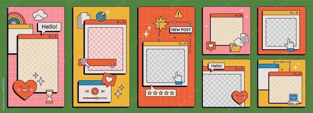 Fototapete Cute nostalgic 90s retro vaporwave post and story template. Social media stories and posts with old computer aesthetic ui elements vector set. Illustration of retro groovy abstract interface