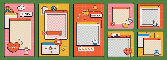 Cute nostalgic 90s retro vaporwave post and story template. Social media stories and posts with old computer aesthetic ui elements vector set. Illustration of retro groovy abstract interface - obrazy, fototapety, plakaty