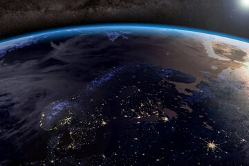 Fototapeta na wymiar Night view of Nordic Europe on Earth, close up photo of world from space, Norwegian and Barents Sea, Norway, Finland, Sweden, Moscow, horizon, selective focus. Elements of this image furnished by NASA