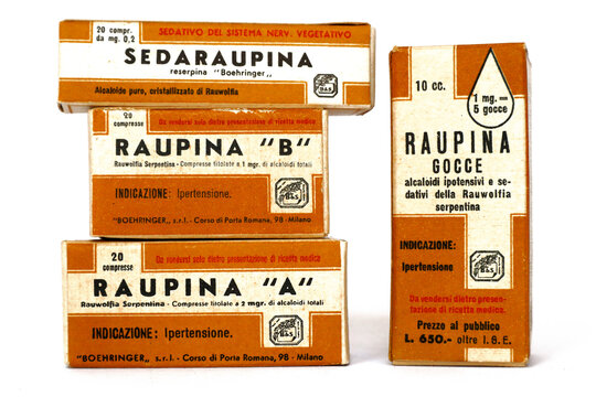 Vintage 1950s RAUPINA and SEDARAUPINA medicines with Rauwolfia Serpentina Alkaloids for the treatment of hypertension. BOEHRINGER s.r.l. - Milan (Italy)