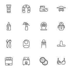 Baby feeding products line icons set