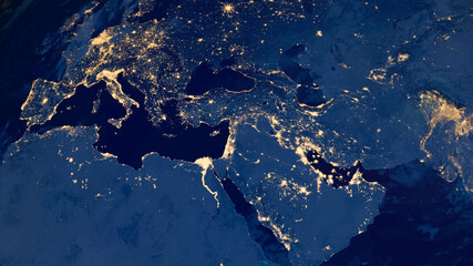 Earth photo at night, City Lights of Europe, Middle East, Turkey, Italy, Black Sea, Mediterrenian...