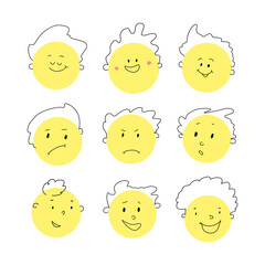 Round abstract comic Faces with various Emotions. Crayon drawing style. Different characters. Cartoon style. Flat design. Hand drawn trendy Vector illustration.