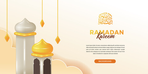 ramadan kareem with 3d cute sweet mosque tower for islamic event party greeting card invitation banner with arabic calligraphy ( text translation = blessed ramadan)