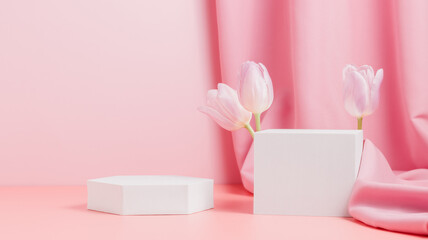 Banner with geometric podiums decorated with tulips and pink textile, display for product presentation, spring concept