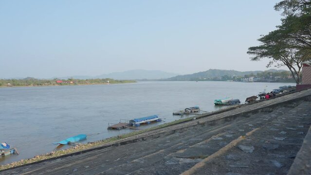 View of the Mekhong river and the city at Chiang sean , Chiang rai.  4K