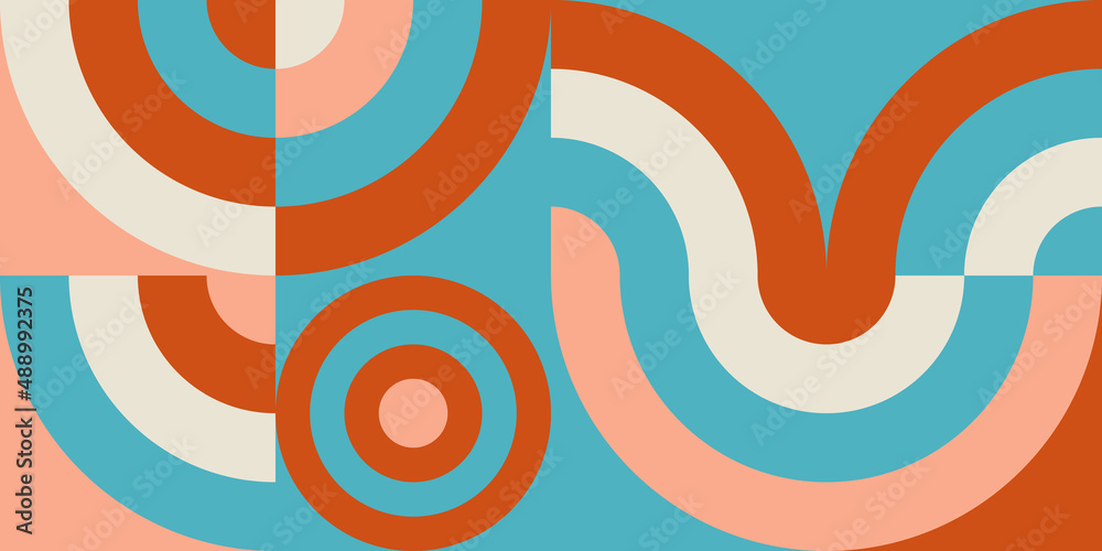 Poster Modern vector abstract  geometric background with circles, rectangles and squares  in retro scandinavian style. Pastel colored simple shapes graphic pattern. Abstract mosaic artwork.