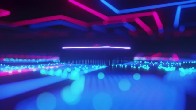 3d neon microchip city grid animation bokeh spin